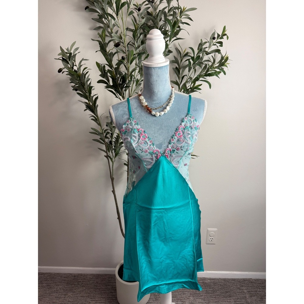 Cosabella Teal 100% Silk Delicate Floral Embroidered Mesh Chemise Nightgown M - Picture 11 of 13